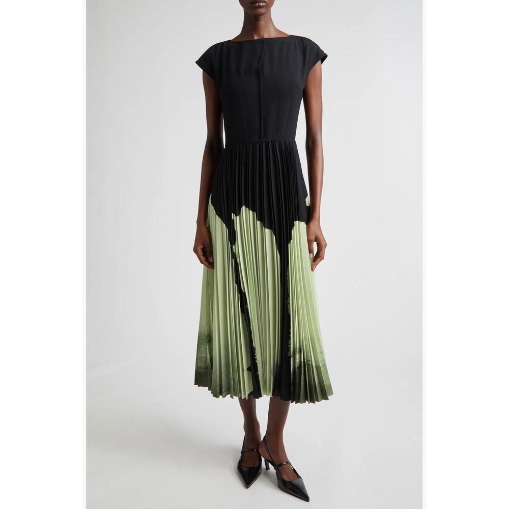 Jason Wu Collection Watercolor Floral Matte Crepe Pleated Dress Green Black 14